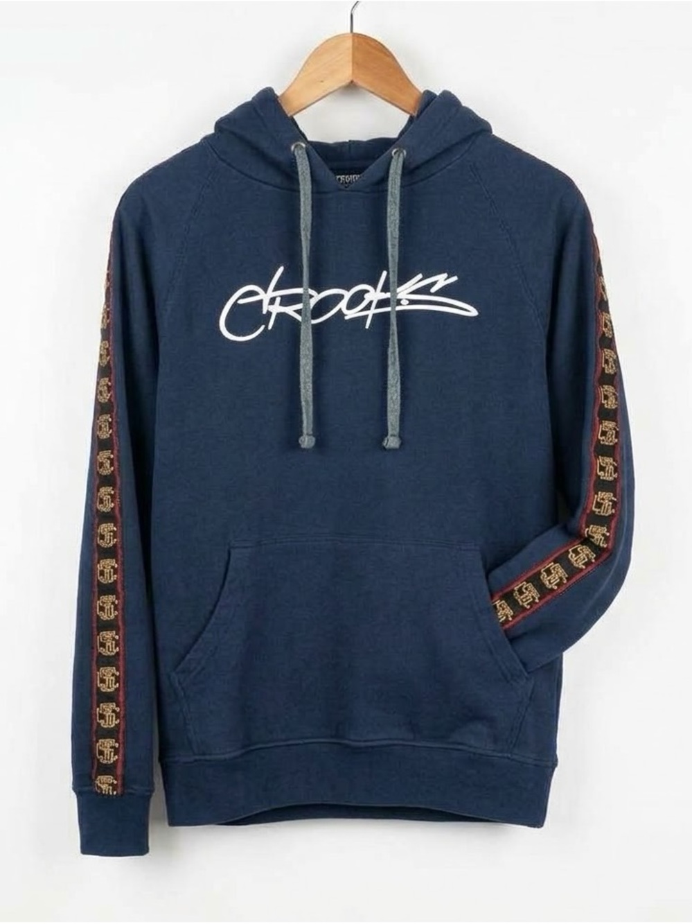 Crooks & Castles Small Muted Navy Blue Script Graphic Hoodie Taped Sleeves